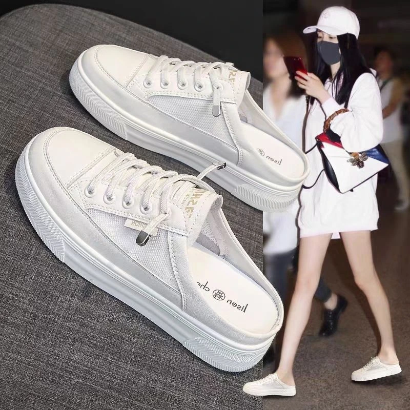 啄木鸟小白鞋半拖女网面外穿时尚厚底夏季百搭休闲无后跟包头拖