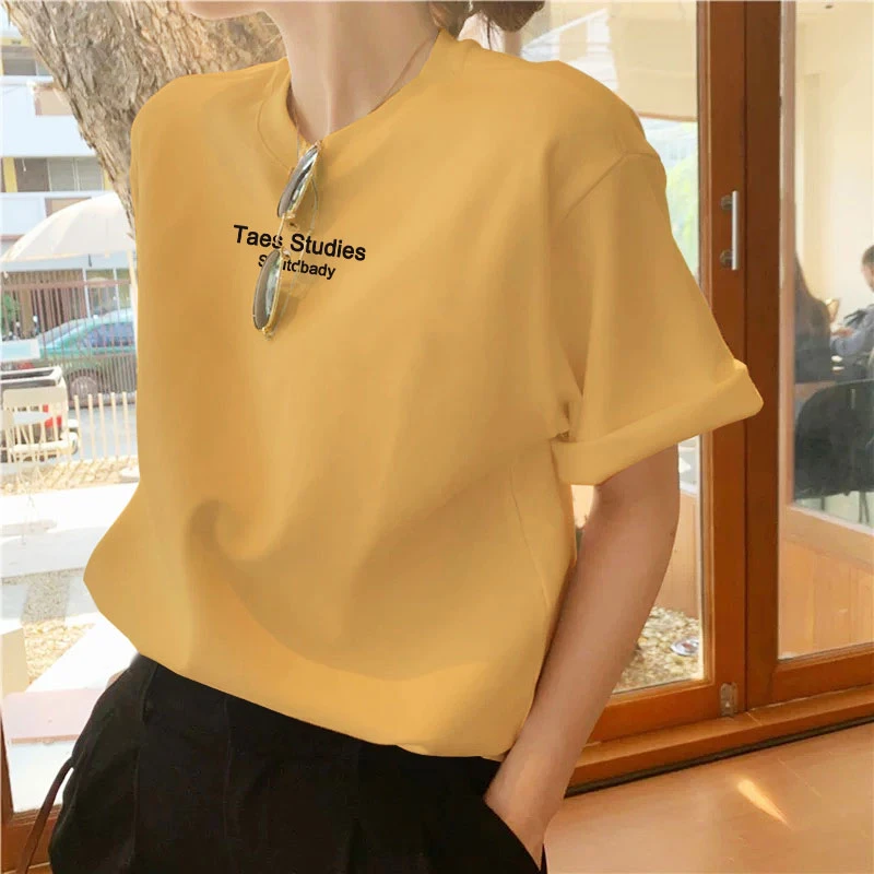 韩版宽松显瘦慵懒风创意印花圆领正肩棉质舒适女装夏季短袖T恤新