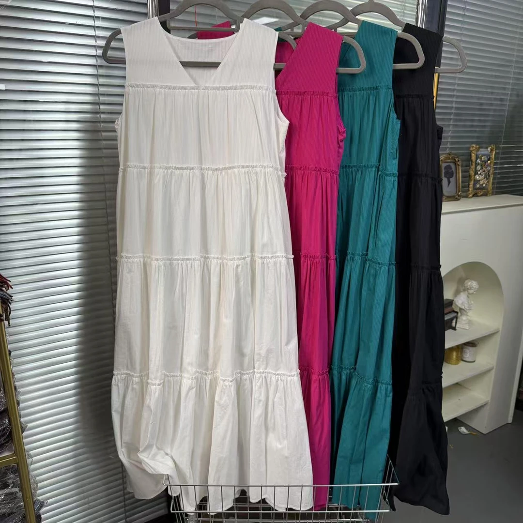 【外贸精品】0613 甜美褶皱蛋糕无袖宽松纯色v领 连衣裙