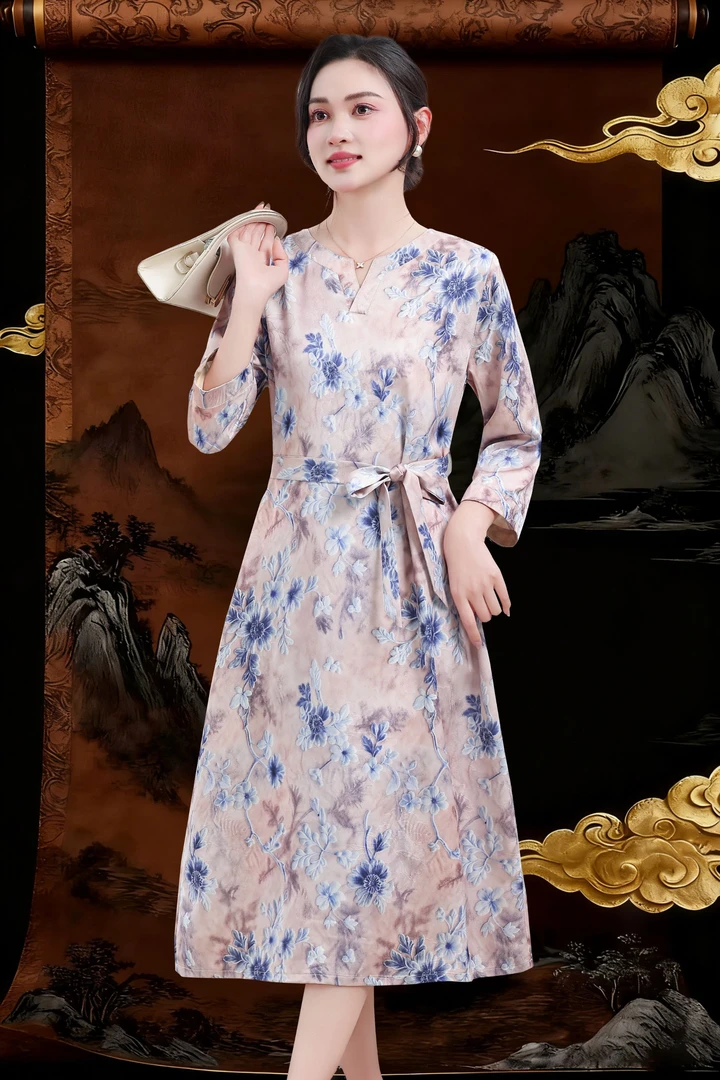 蓝花雅衣 时尚轻奢亲肤透气中长款连衣裙气质显瘦10120