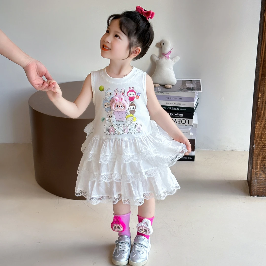 女童拉布布labubu背心裙薄款夏季儿童白色公主裙甜美可爱连衣裙潮