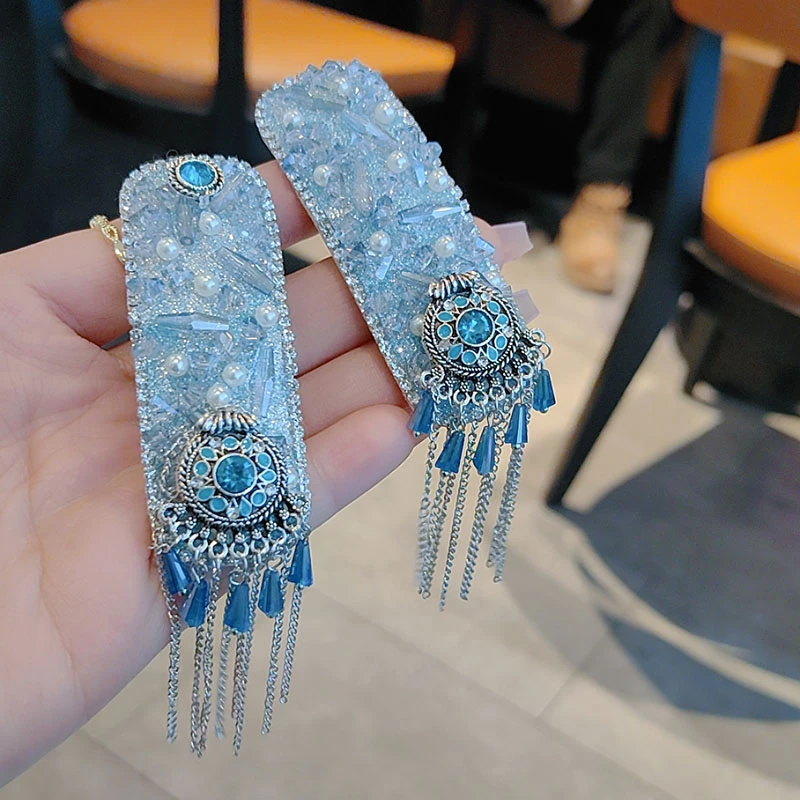 蓝色水晶闪钻珍珠名族风前额流苏边夹女个性气质发卡侧边刘海发饰
