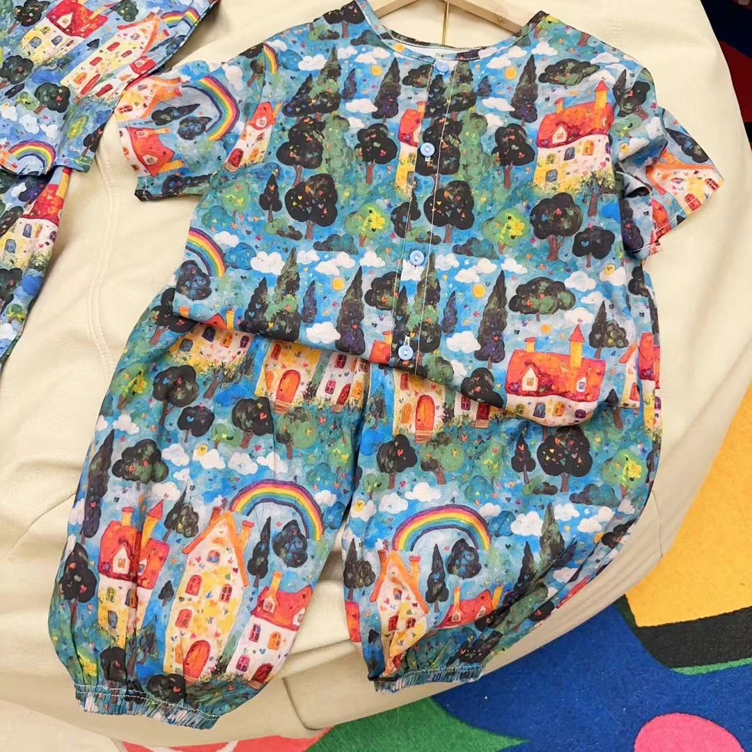 71宁静男童25棉绸国风潮童半袖长裤灯笼裤男童女童家居服外穿套装