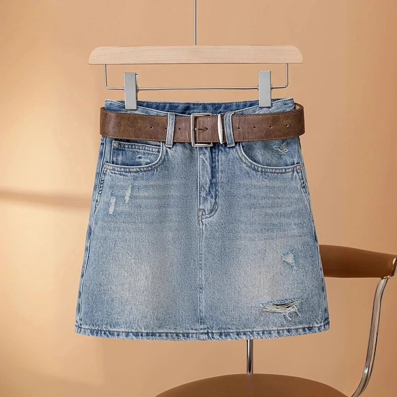 美式大码高腰牛仔半身裙女2025爆款胖mm新款显瘦破洞a字短裙A字