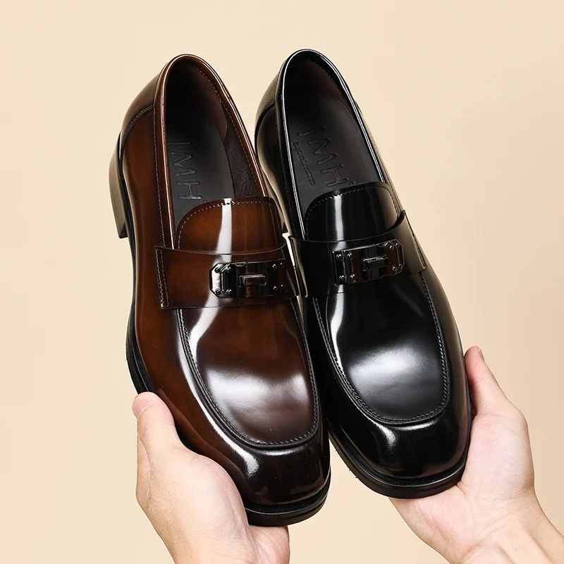 广州手工男士商务皮鞋方头英伦懒人乐福鞋休闲透气男单鞋牛皮潮鞋