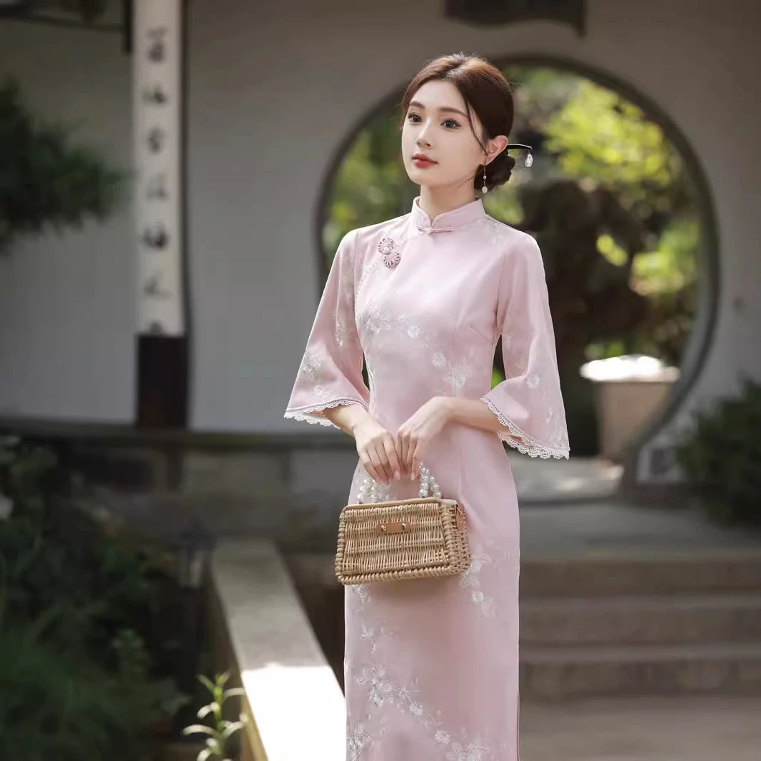【花梦玲】小个子新中式刺绣旗袍早秋改良日常修身甜美复古连衣裙
