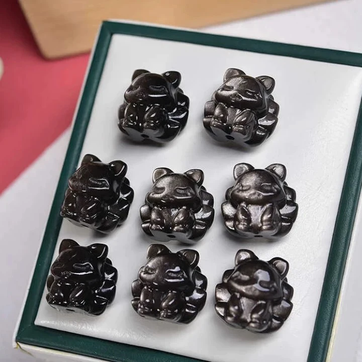 天然黑耀石银曜石九尾狐竖通孔雕刻件 DIY手链项链串饰散珠配件