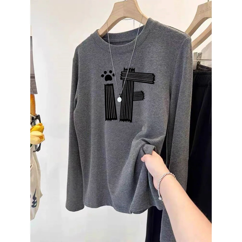 德绒磨毛正肩长袖t恤女百搭圆领上衣加厚款保暖内搭打底衫秋冬季