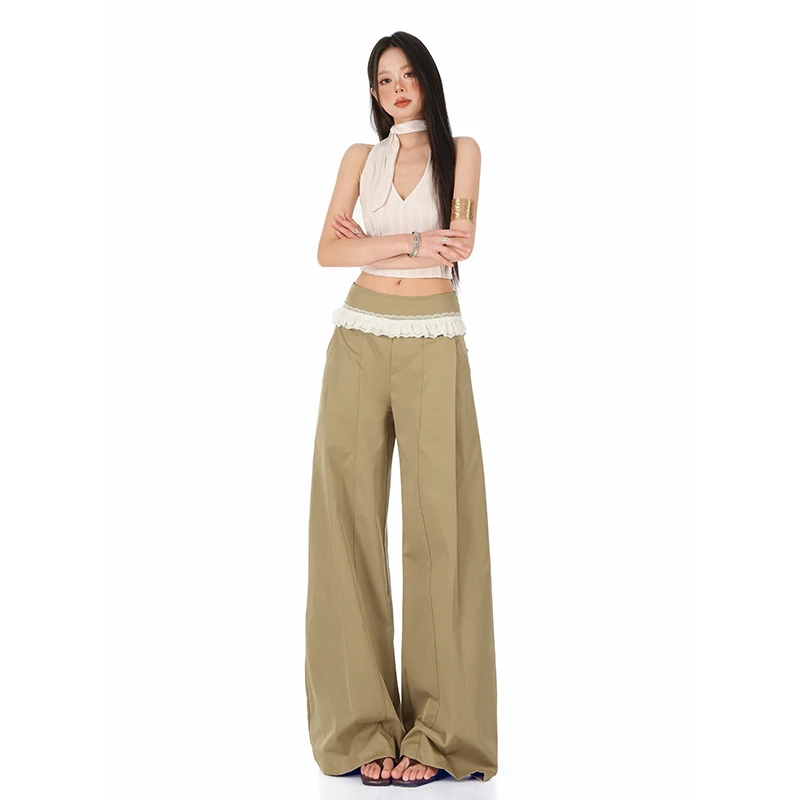 REDR美式复古蕾丝花边拼接休闲女202夏新款慵懒褶皱设计阔腿裤