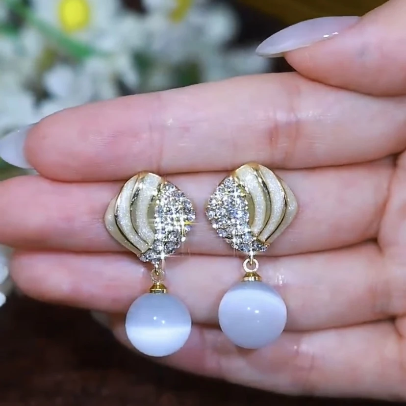 铜合金锆石耳饰 几何白色滴油耳环优雅流苏珍珠耳坠时尚大气耳饰