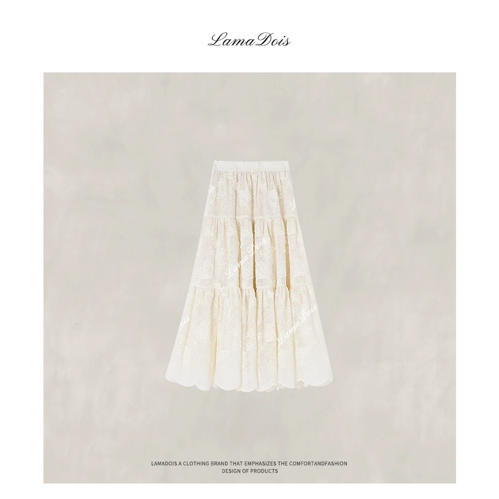 【鱼er】气质米白色春季新款显瘦A字裙蕾丝刺绣重工半身裙-YR24008
