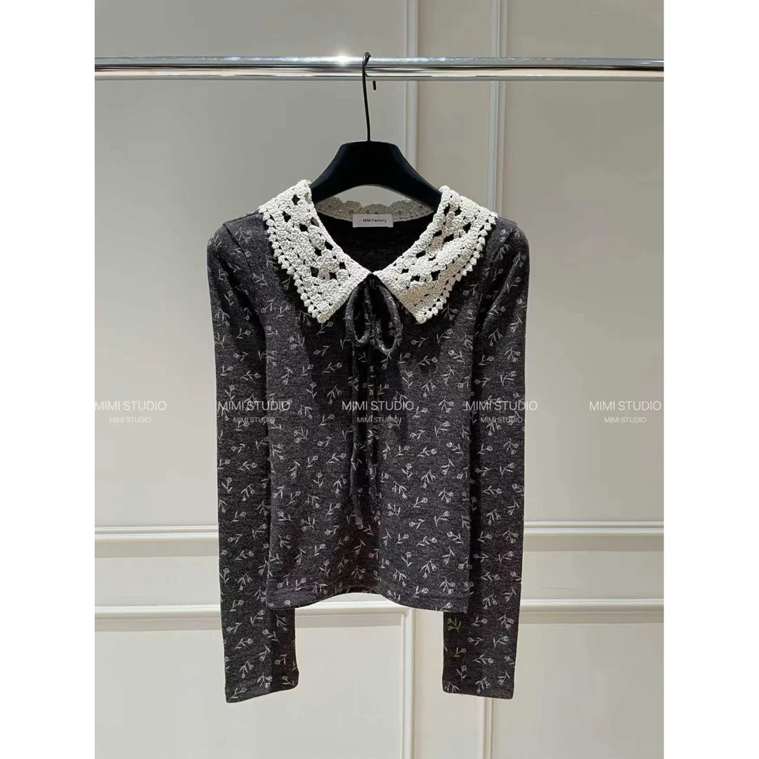 2025秋冬新款 娃娃领蝴蝶结领带设计长袖T恤女修身显瘦上衣984#