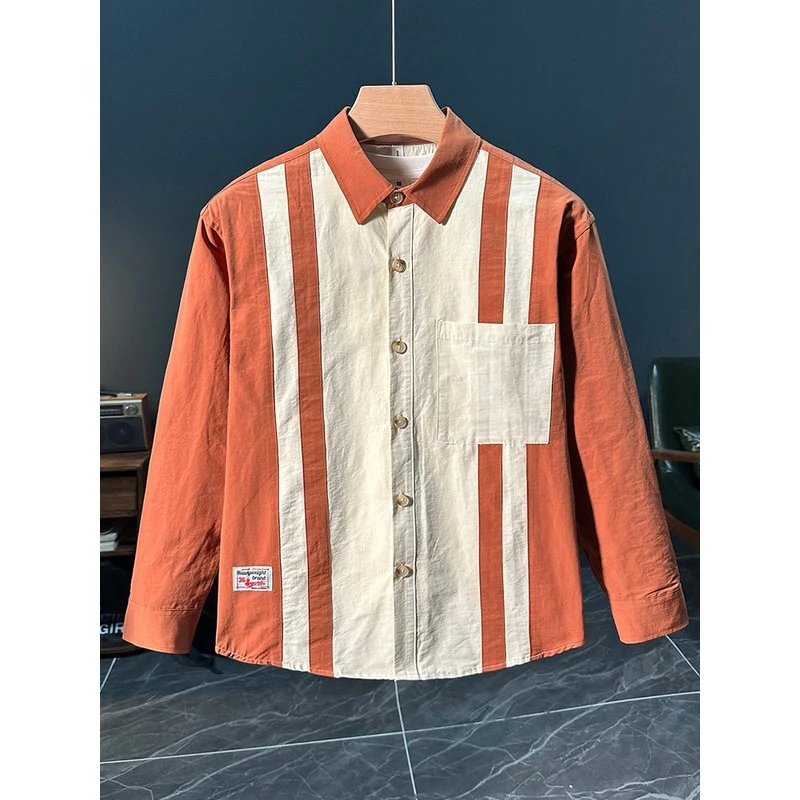 轻奢潮流覆古拼接长袖衬衫男士秋季休闲百搭时尚文艺宽松衬衣外套