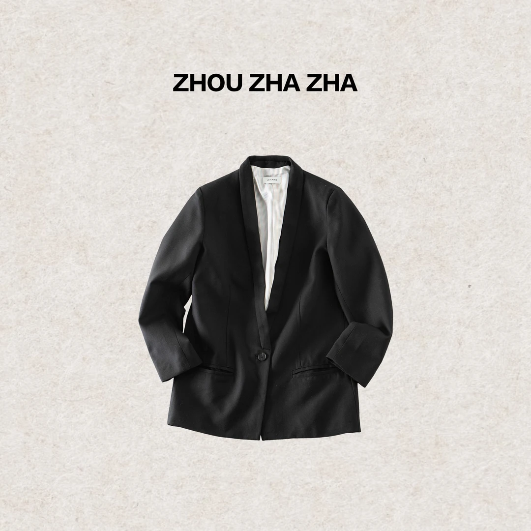 【周炸炸】简约黑色设计气质通勤休闲百搭无领西装外套#688333