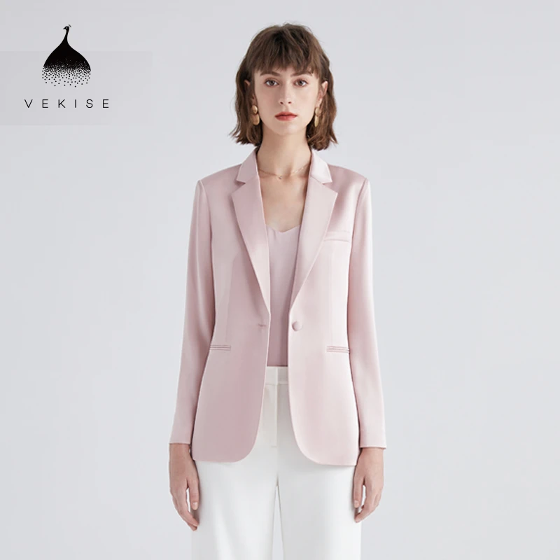 一粒扣缎面醋酸粉色小西装春季新款宽松休闲西服外套女