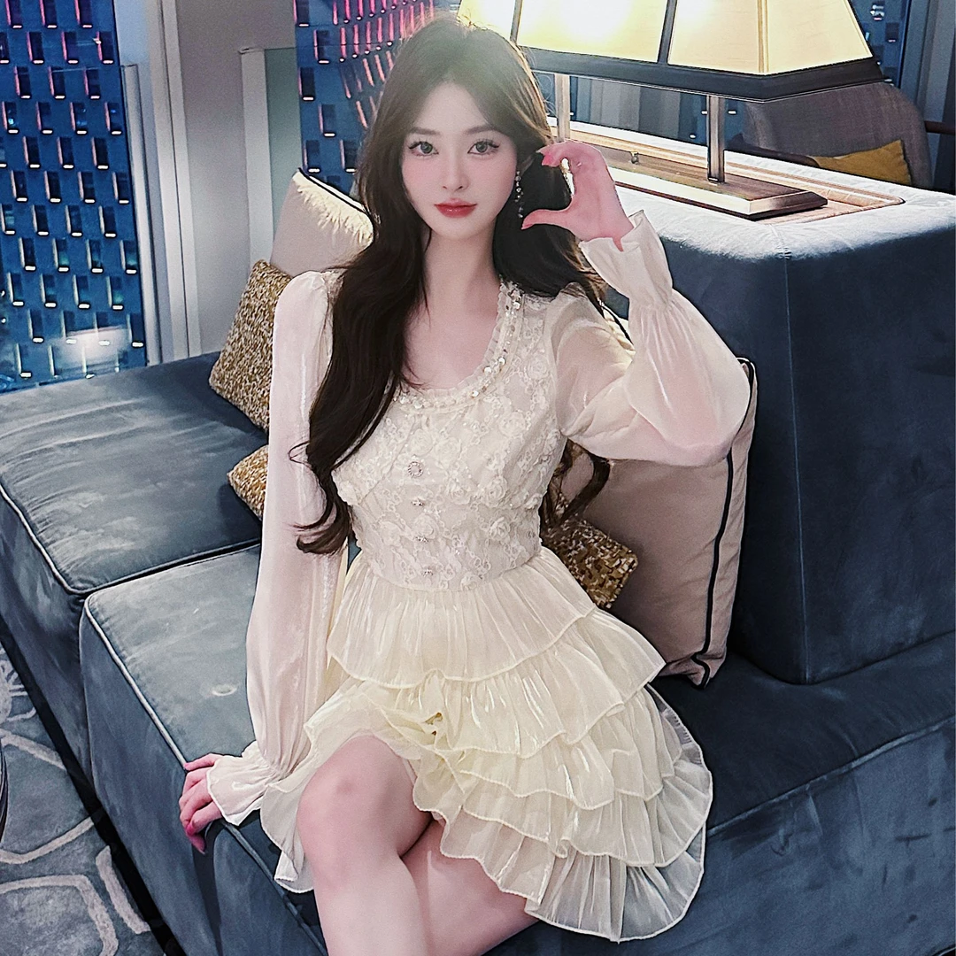 【自制 柔云织花】重工刺绣网纱长袖蛋糕长裙XZ40739