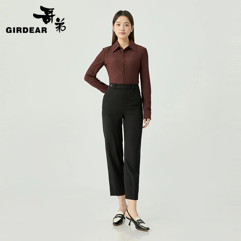 哥弟 中高腰百搭侧扣直腿烟管裤110013小黑裤女裤