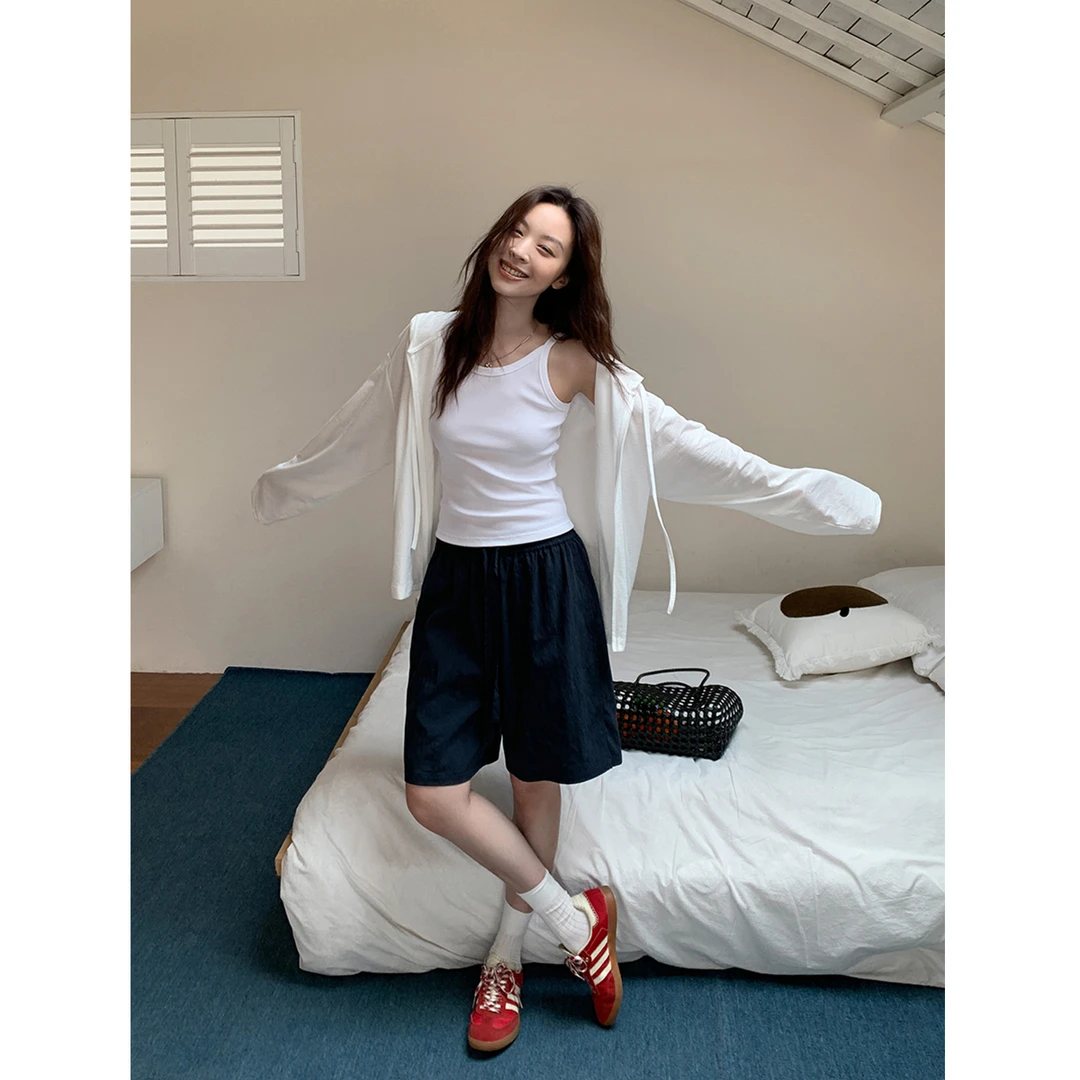 SIXI四喜家 日常偏爱！藏蓝口袋工装休闲短裤女夏直筒阔腿五分裤