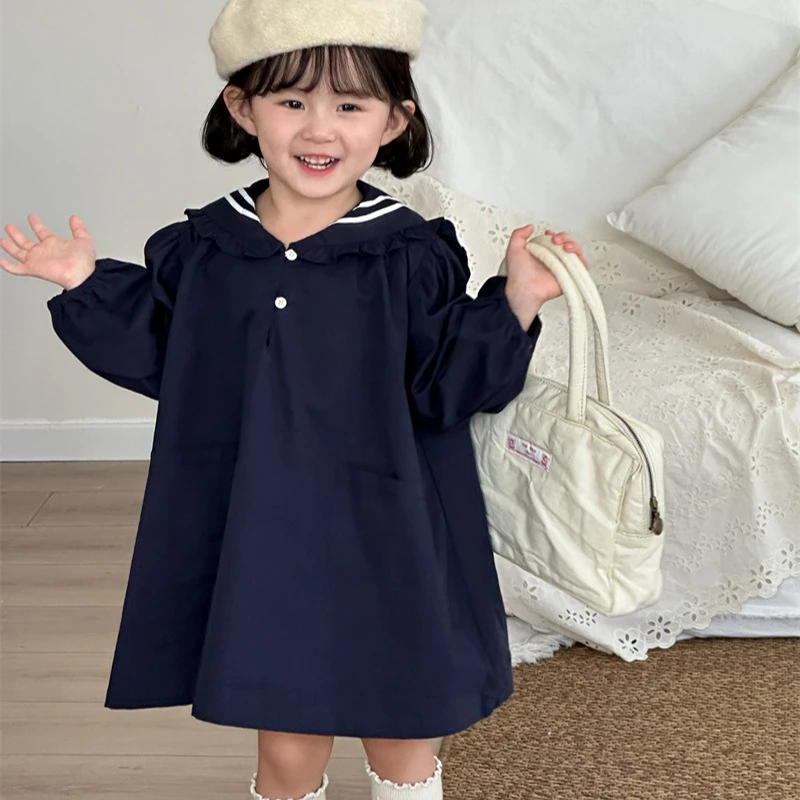 2025秋季新品韩版洋气海军领花边裙女童学院风裙子