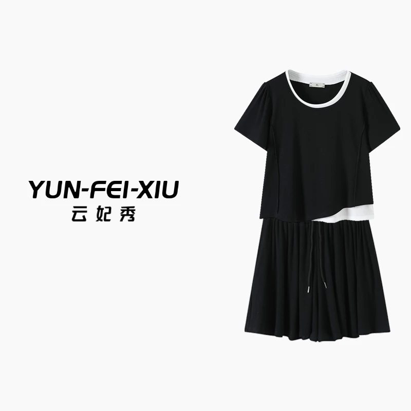云妃秀大码女装套装简约百搭假两件上衣短裤二件套显瘦夏季9871AB