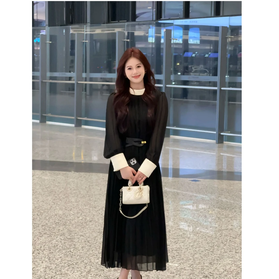 【言希】法式撞色系带连衣裙女新款长袖减龄显瘦裙子YX24Q129