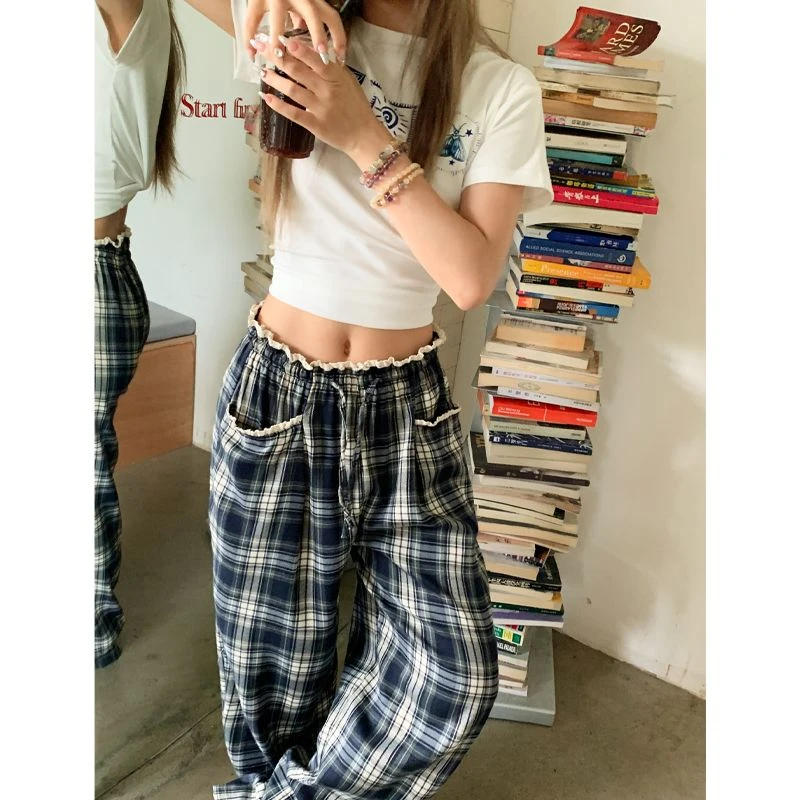GL 夏季2.0新款蕾丝深色格子抽绳阔腿休闲裤女宽松显瘦百搭垂感薄