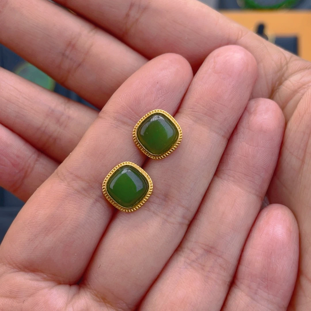 和田玉（碧玉）银S925镶嵌耳钉方糖耳钉