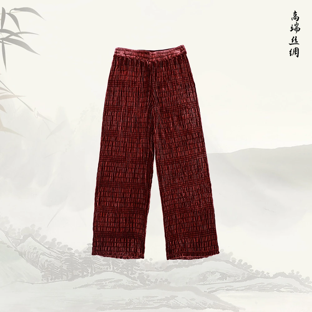 新款桑蚕丝新中式显瘦松紧直筒裤529324