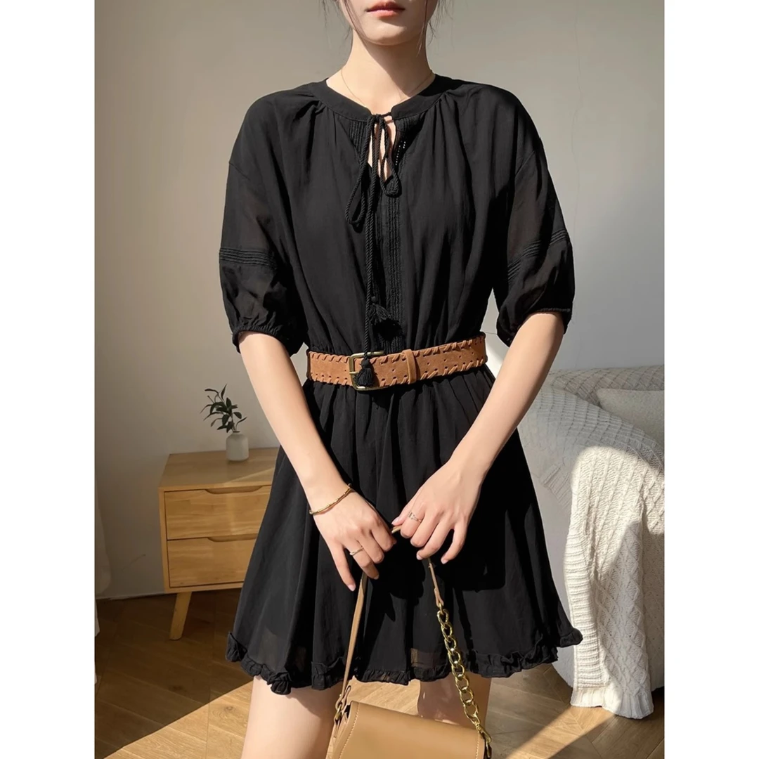 黑色短袖连衣裙女夏季2025新款休闲五分袖T恤裙子系带收腰a字短裙