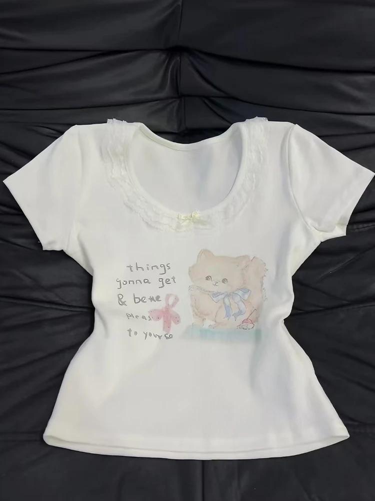 蕾丝猫咪正肩短袖t恤女夏季设计感小众修身显瘦甜辣妹短款上衣ins