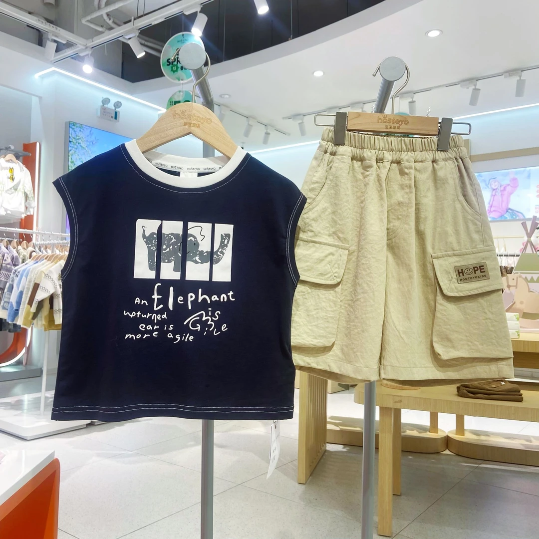 皇室童缘【中大童】2025男童夏装卡通背心套装黑色百搭夏季无袖短裤