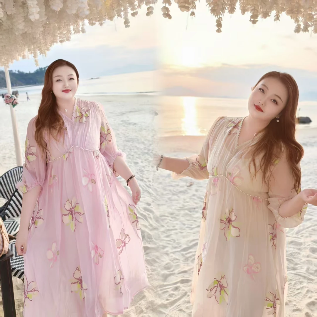 【金风玉露】钻石家大码轻奢刺绣钉珠华丽连衣裙 DOP2522