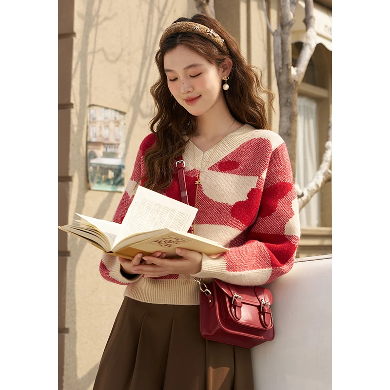 【年末大促】谜秀冬爱心花朵宽松圆领针织衫毛衣懒风女上衣长袖短款