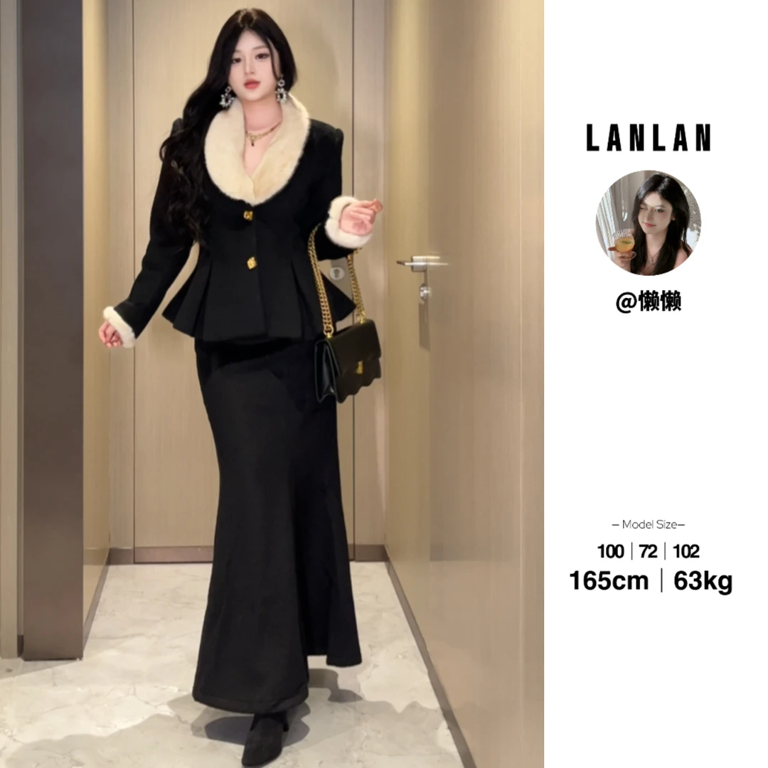 Lanlan-【A弥漫半冬】秋冬新款毛呢长袖外套显瘦百搭半身裙黑色套装