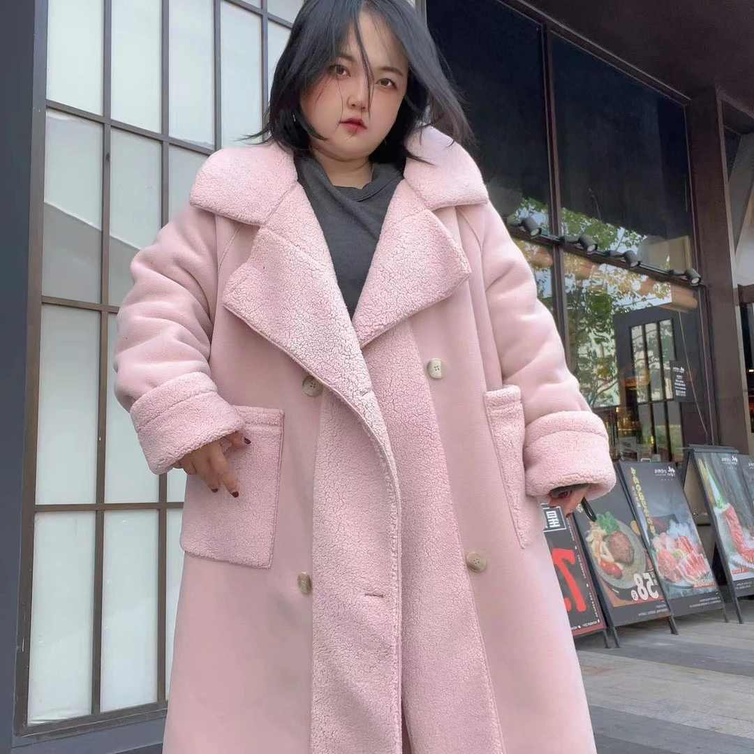 胖妹妹两面穿毛毛外套女冬过膝长款大衣加绒加厚中长款毛呢外套