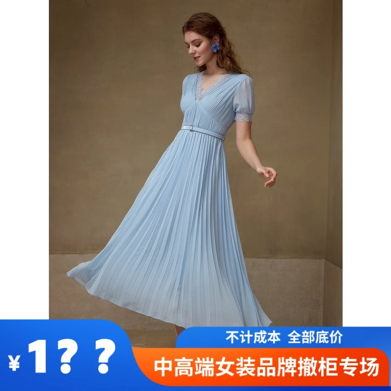 夏季女装高端精致盐系V领蕾丝拼接收腰显瘦蓝色百褶雪纺连衣裙子