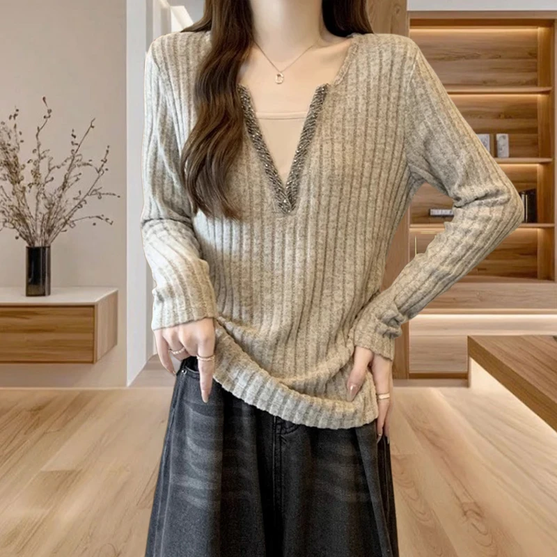 新款时尚2024秋冬洋气烫钻女修身长袖假两件打底衫气质显瘦上衣服