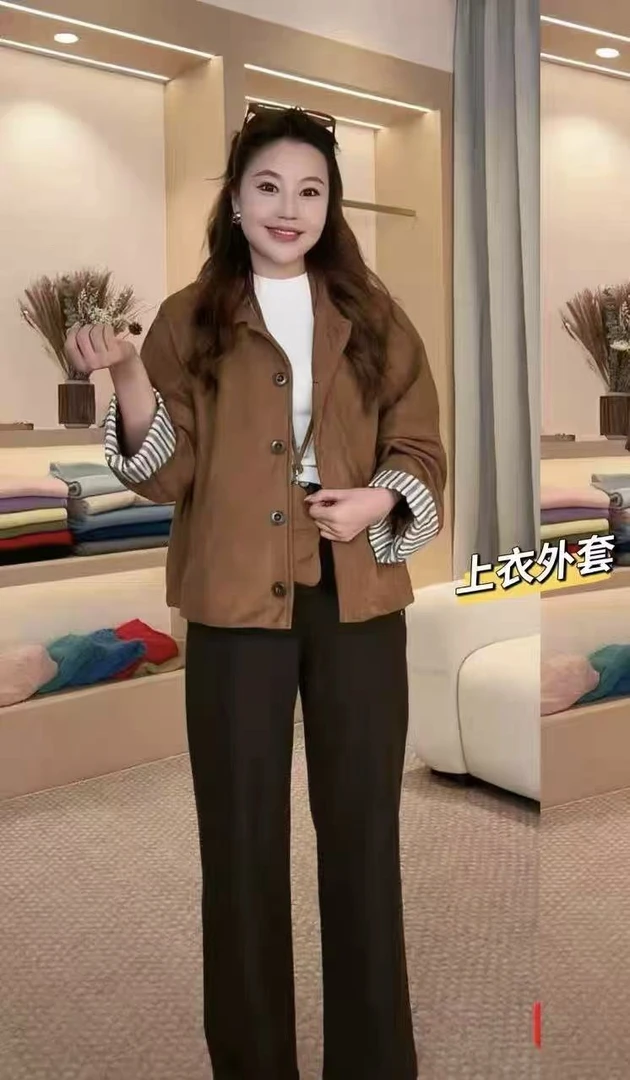 25201#韩系气质高级感翻领麂皮绒短外套女秋季新款宽松