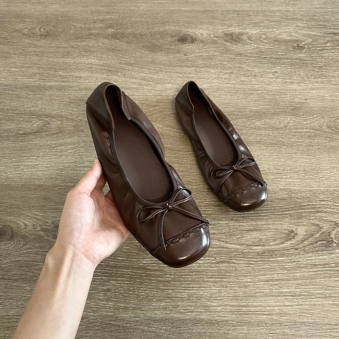 Dannyfrey法式复古蝴蝶结浅口小众女软皮软底一脚蹬平底芭蕾单鞋