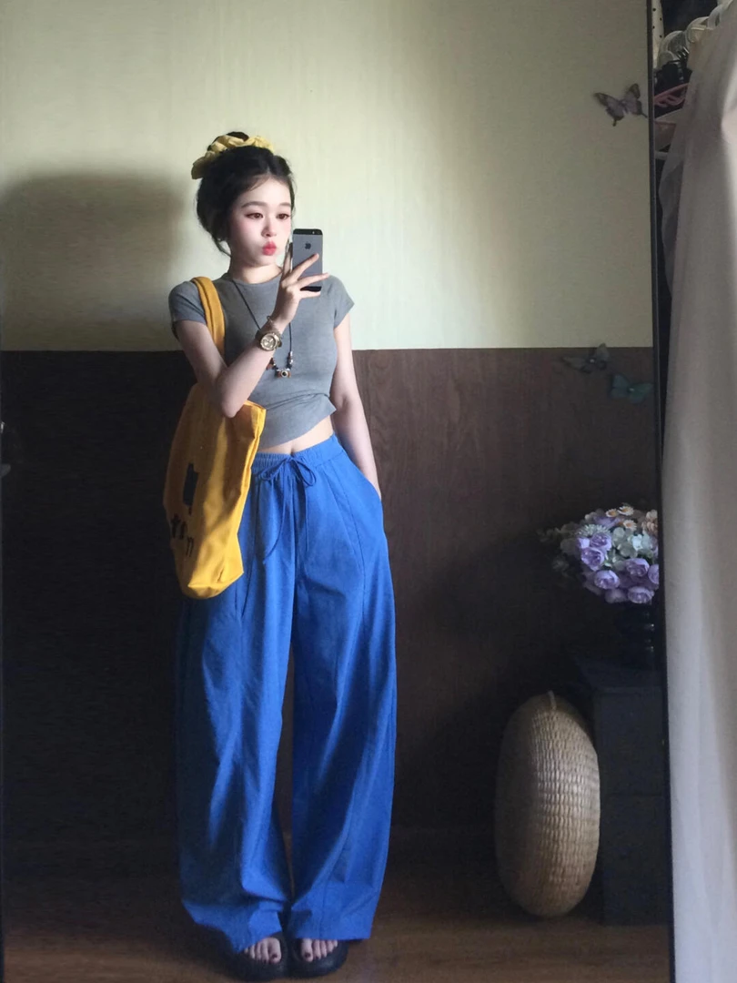 【蓝梦岛】少女风法式时尚风休闲套装灰色修身上衣克莱因蓝色长裤