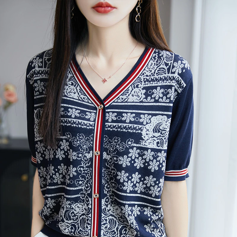 短袖V领女百搭中袖针织衫洋气上衣夏季薄款复古显瘦气质女装外搭