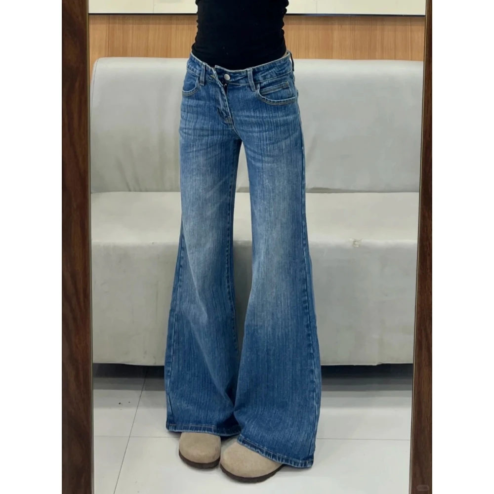 美式古早水洗深蓝色小个子牛仔裤2025夏季显瘦低腰阔腿微喇直筒裤