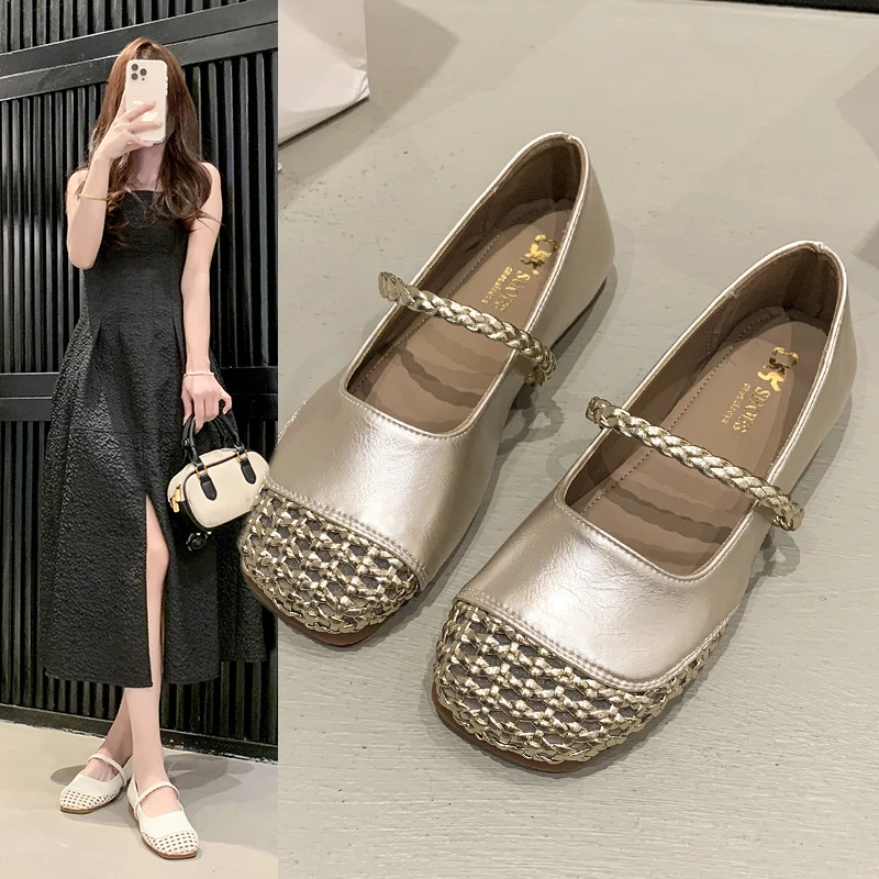 2025法式编织镂空透气夏季新款玛丽珍单鞋女一字带平底方头女鞋子