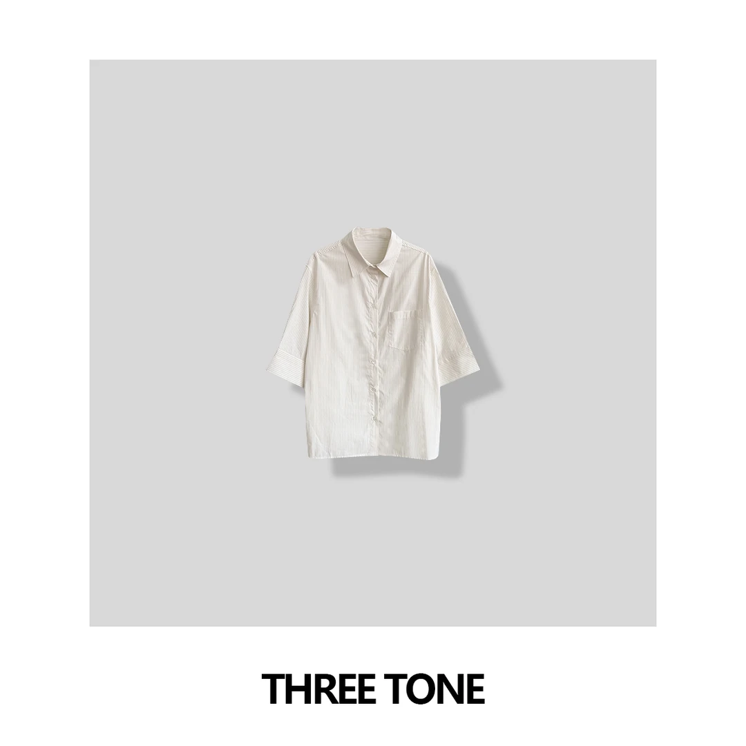 THREE TONE 精致百搭！条纹七分袖衬衫宽松松弛感外套小众衬衣女