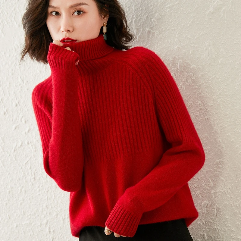 欧美简约高领羊绒衫女加厚纯色打底衫宽松长袖内搭毛衣100纯羊绒