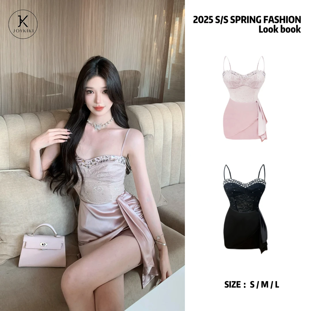 【JOYKIKI 清清!】【高贵千金】 御姐收腰显瘦亮钻拼接连衣裙J25A088