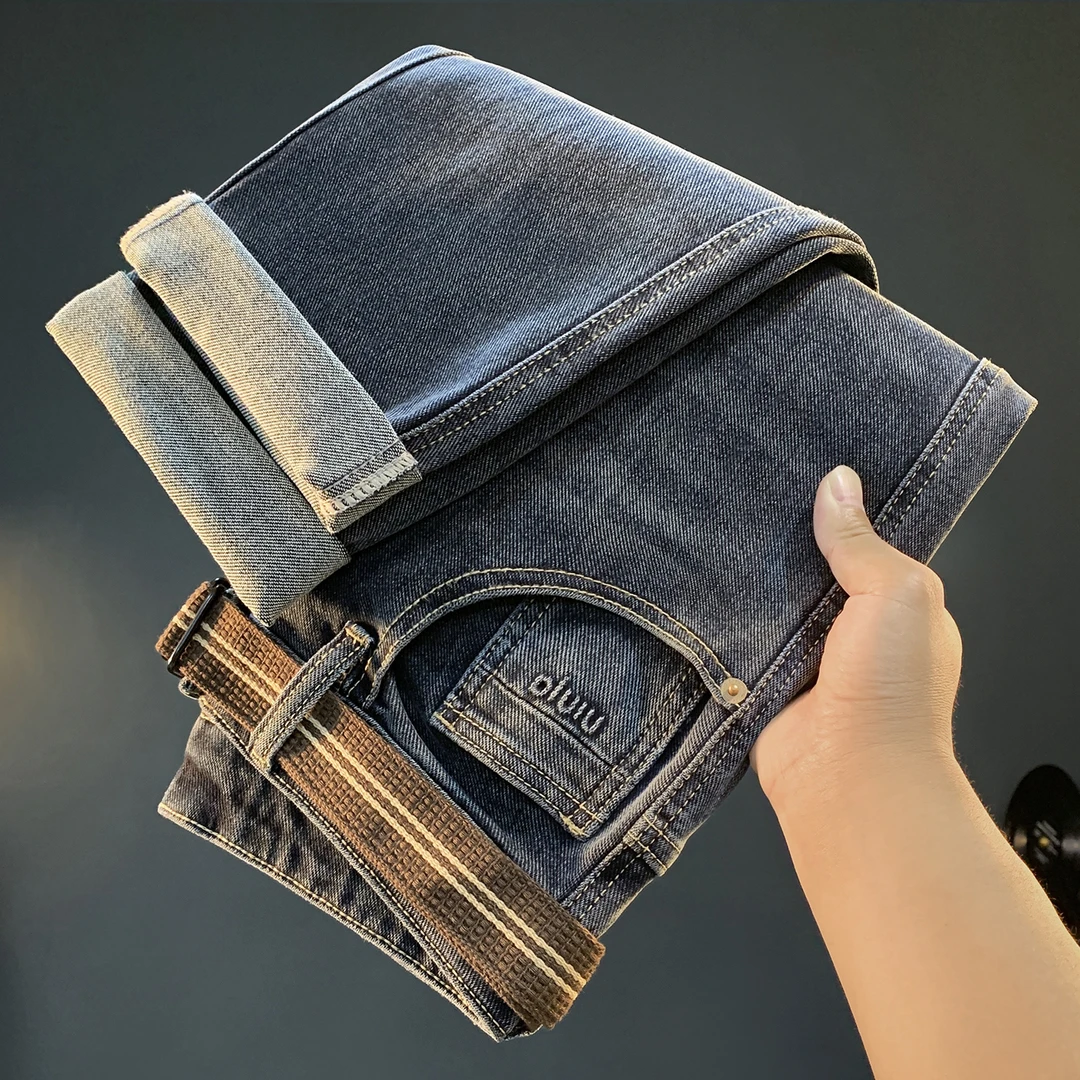 复古潮牌腰带锥形牛仔裤男秋冬款深蓝微宽哈伦小脚裤子百搭萝卜裤