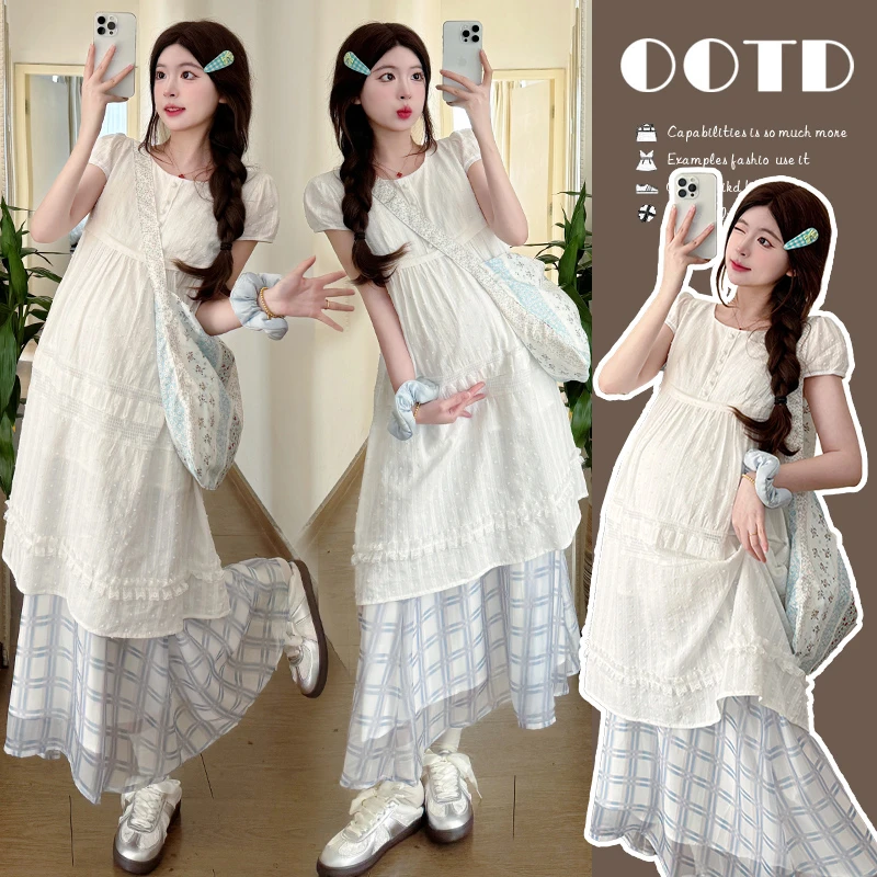 时髦孕妇装新款蕾丝2025夏时尚款慵懒风裙子春秋季孕妈穿搭连衣裙