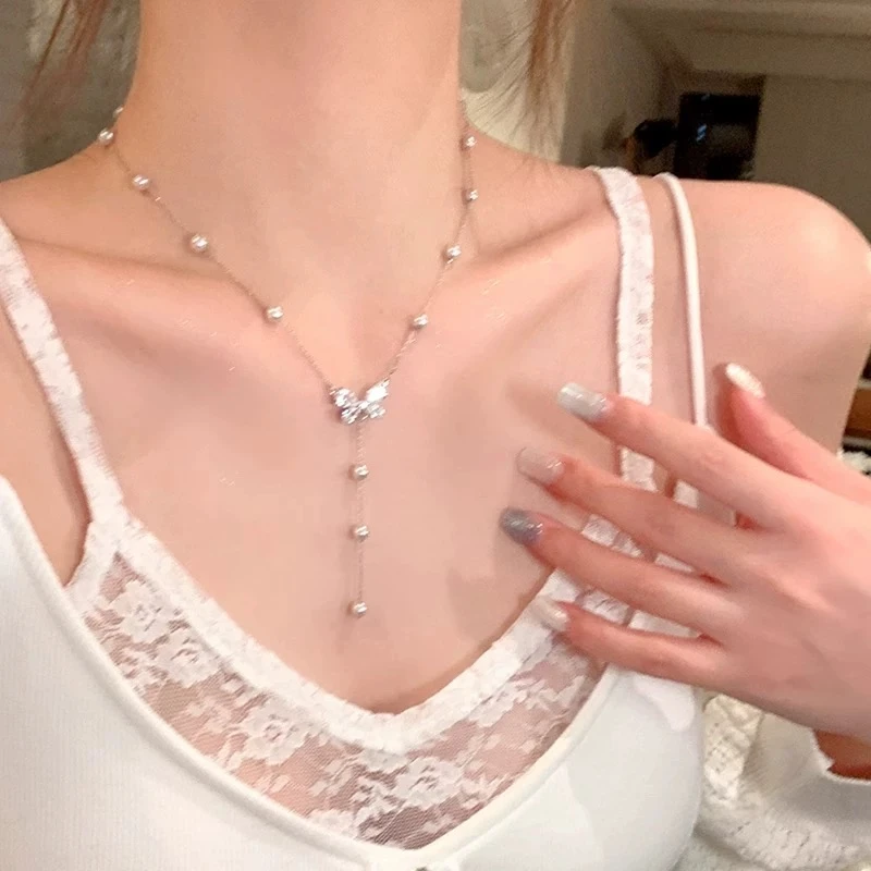 钛钢项链 法式满天星蝴蝶曼塔玫瑰珠珠项链颈链配饰F2783