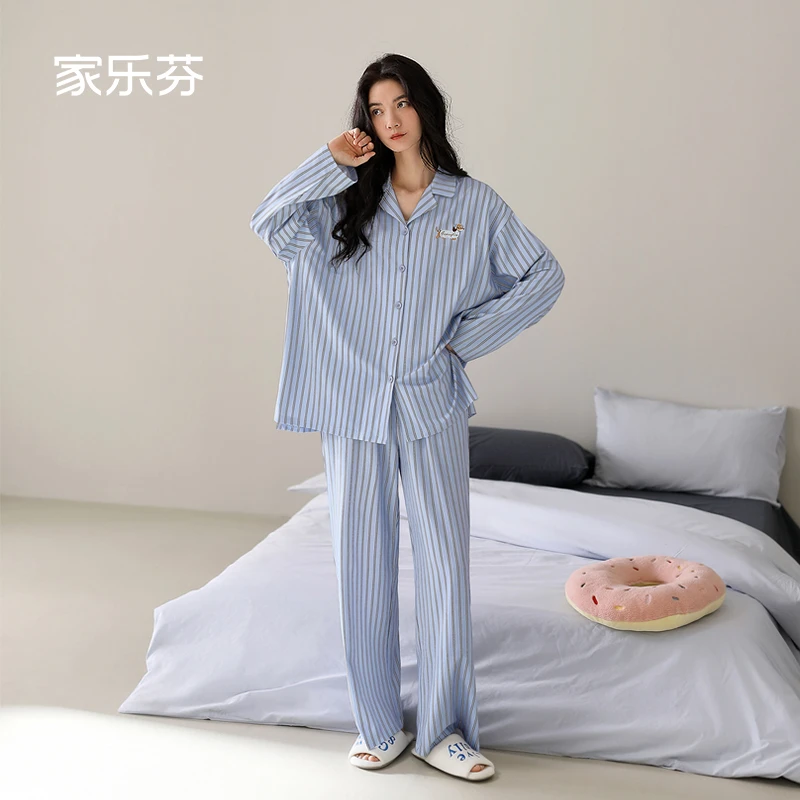家乐芬睡衣女春秋款纯棉长袖家居服显瘦条纹可爱卡通腊肠狗可外穿